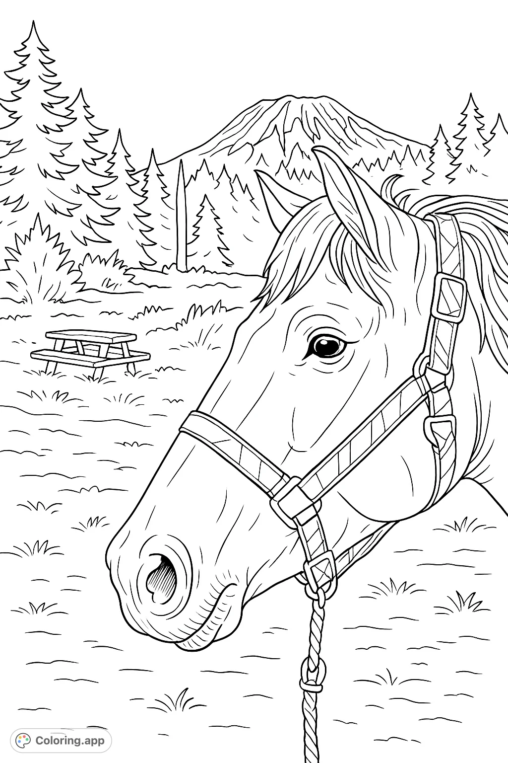 A majestic horse gazes across a scenic landscape featuring a snow-capped mountain, dense forest, and open fields, perfect for nature and animal lovers.