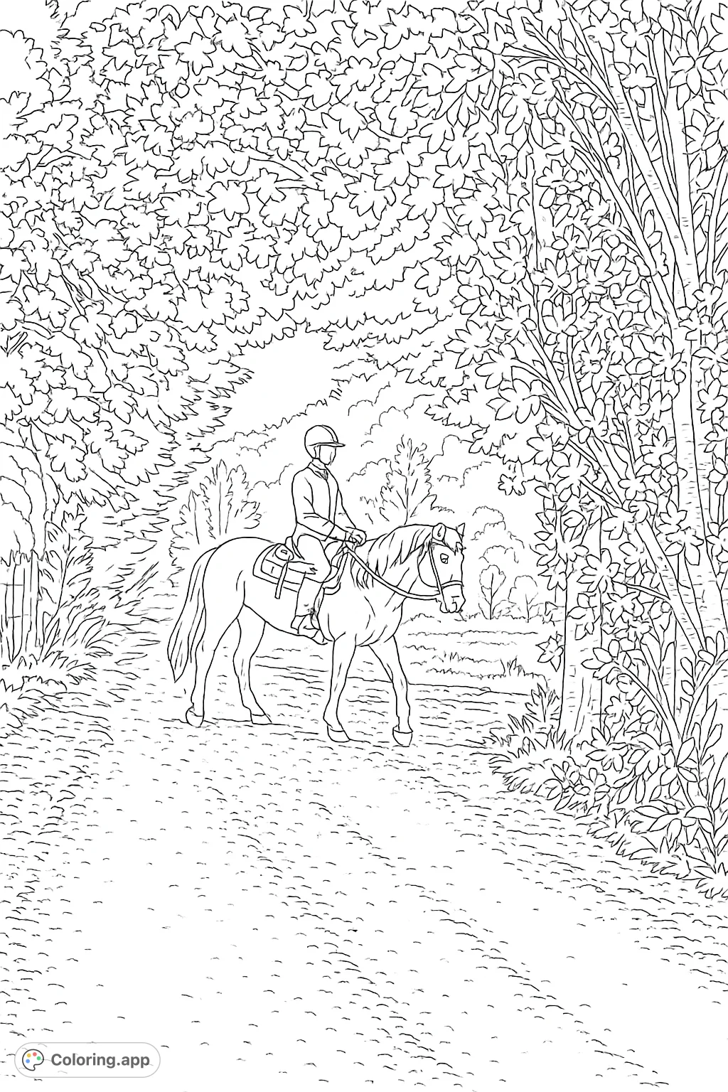 Experience the tranquility of a detailed horseback riding coloring page, featuring a rider and horse on a winding path under a lush natural archway.