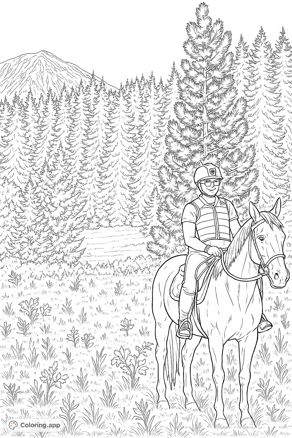 Embark on a mountain trail ride with this detailed coloring page featuring a smiling rider on a horse amidst a dense forest and a majestic snowy peak.