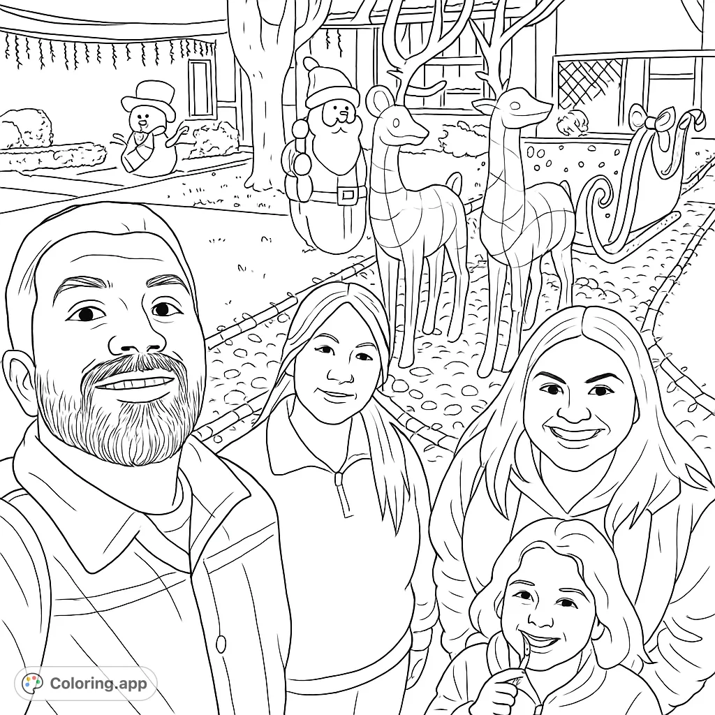 A joyful family stands before a house sparkling with elaborate holiday decorations. Features illuminated deer, a sleigh, and festive inflatables.