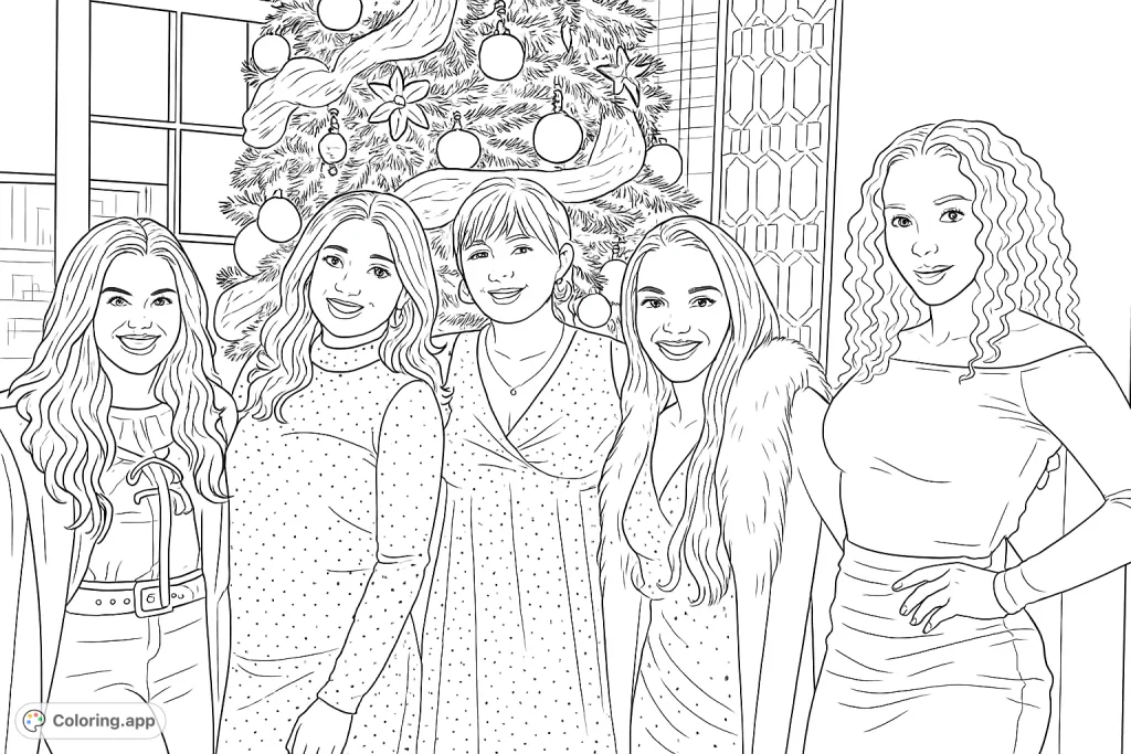 Capture the holiday spirit with five smiling women in festive attire against a beautifully decorated Christmas tree. Perfect for celebrating friendship!