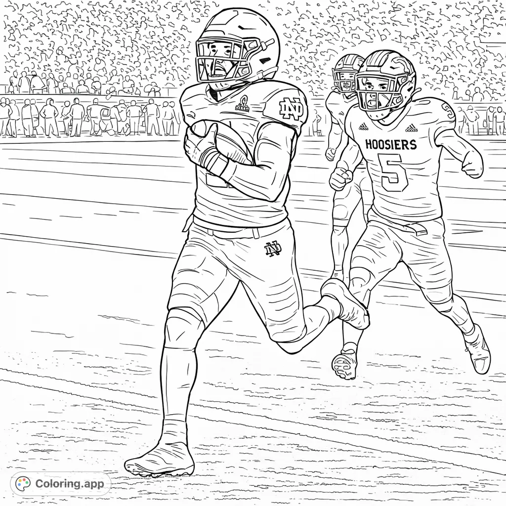 Dynamic football action scene featuring a player running with the ball, pursued by opponents on a marked field, set against a stadium crowd. Great for sports fans!