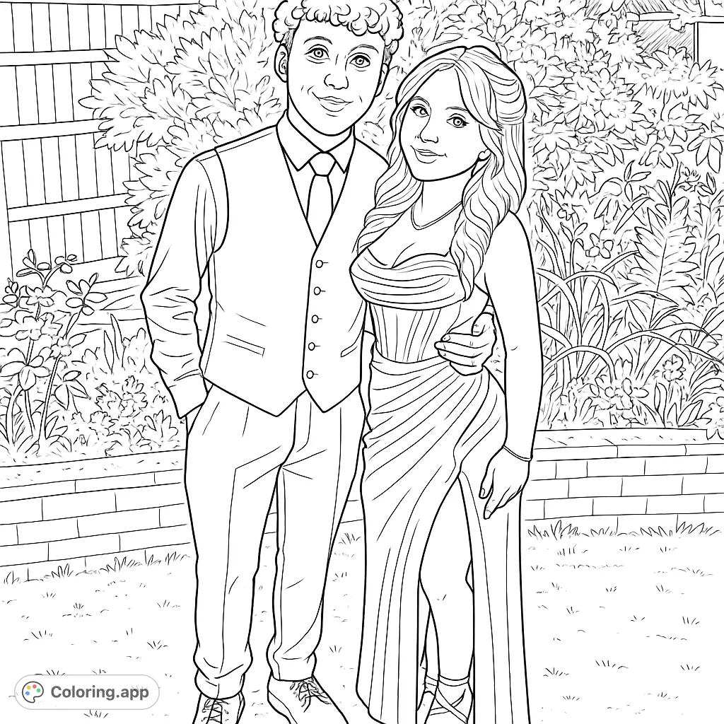 An elegant couple in formal attire, posing in a garden setting, ready for a special event. Celebrate romance and style with this delightful coloring page.