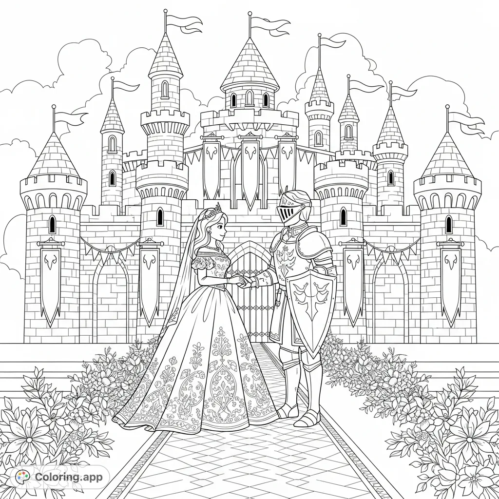 A majestic fantasy castle hosts a royal wedding. A beautiful princess and noble knight exchange vows amidst ornate details, perfect for coloring.