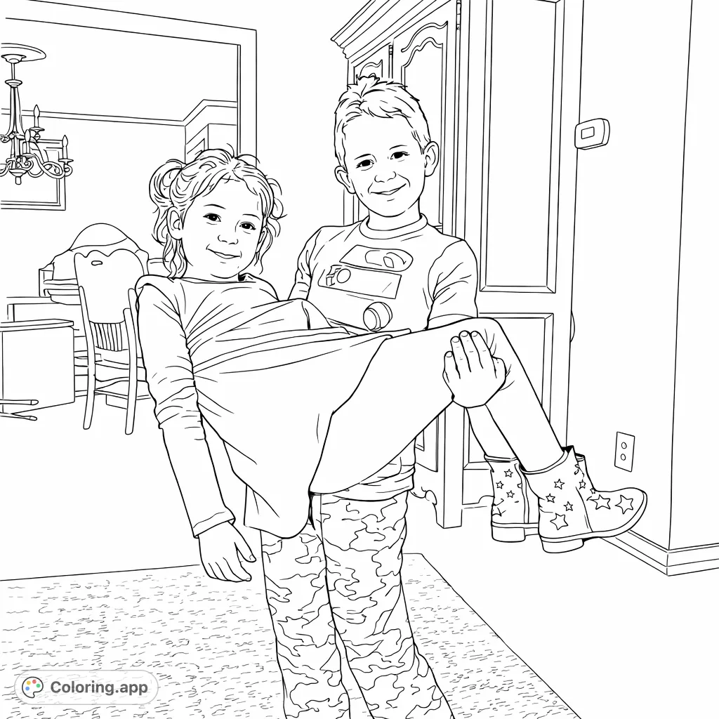A cheerful children playing coloring page depicting two kids engaged in a playful lift, perfect for young artists to personalize and enjoy.