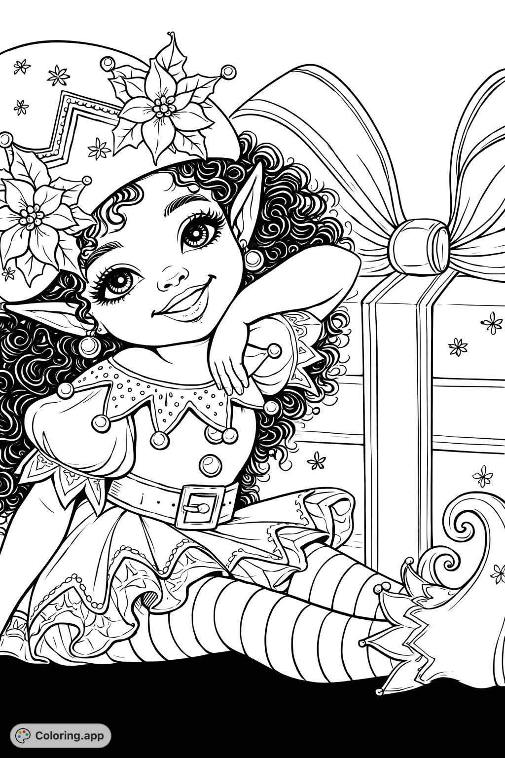 Delight in coloring a cheerful elf character, adorned in a festive outfit and surrounded by beautifully wrapped presents, perfect for spreading holiday cheer.