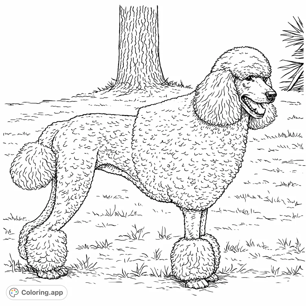 An elegant poodle with a sophisticated show groom stands proudly in a natural setting. This detailed coloring page offers intricate fur textures and a charming dog portrait.