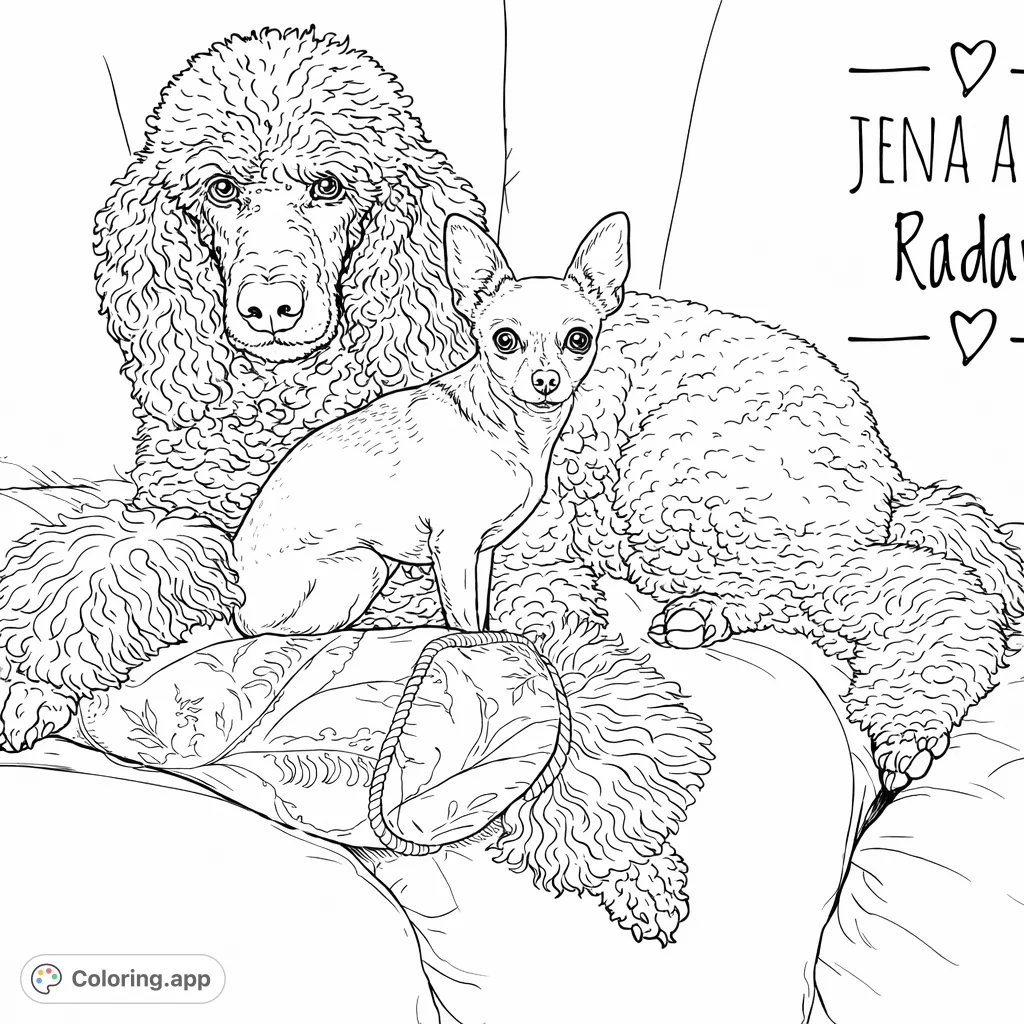 A charming scene featuring a majestic poodle and an alert chihuahua posing together on a comfy sofa. This cute dog coloring page is perfect for animal lovers!