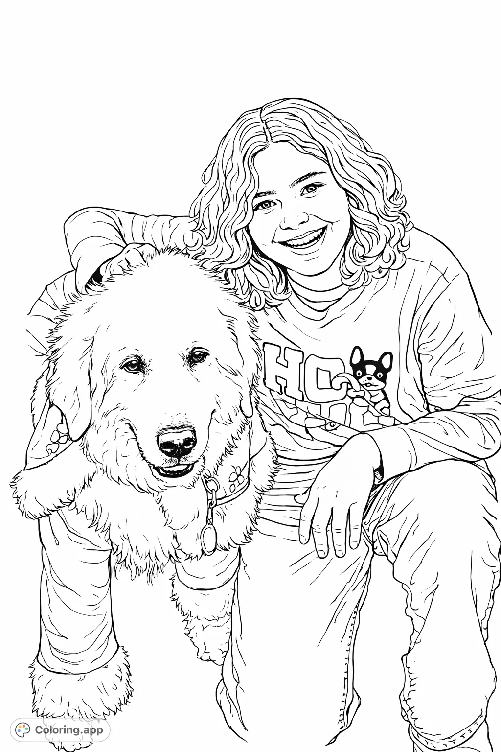 A heartwarming holiday dog coloring page featuring a joyful girl and her fluffy companion in a festive costume. Perfect for seasonal fun!