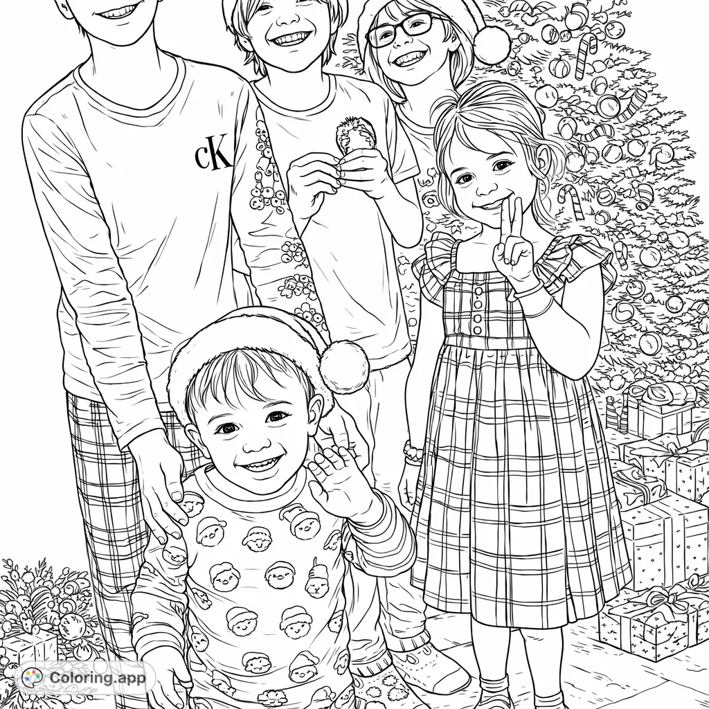 Capture the heartwarming scene of five children celebrating Christmas! This free printable Christmas family coloring page offers joy for all ages, with a festive tree and gifts.