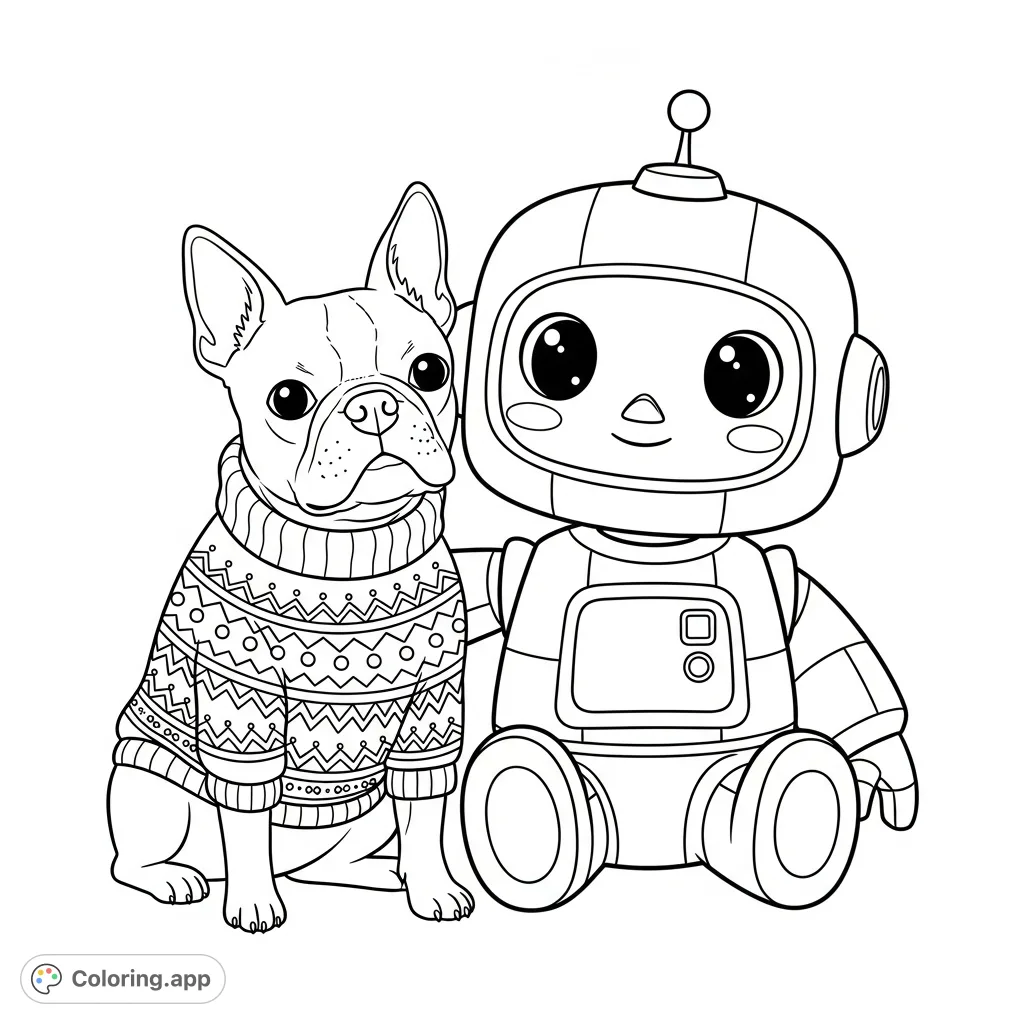 A charming Boston Terrier in a patterned Christmas sweater sits beside its cute robot owner. A heartwarming scene of unique companionship awaits your colors!