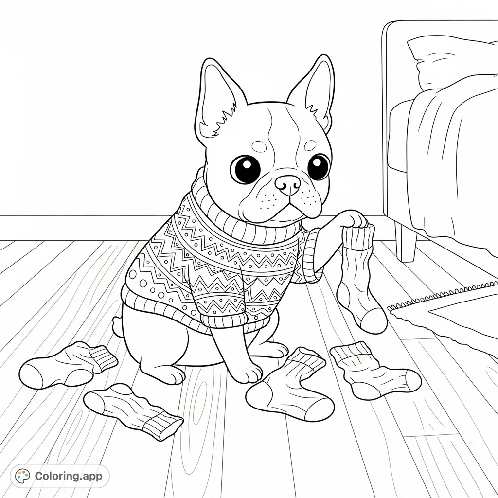 A charming kawaii Boston Terrier in a cozy sweater, playfully surrounded by socks on a bedroom floor. Perfect for dog lovers and cute art enthusiasts!