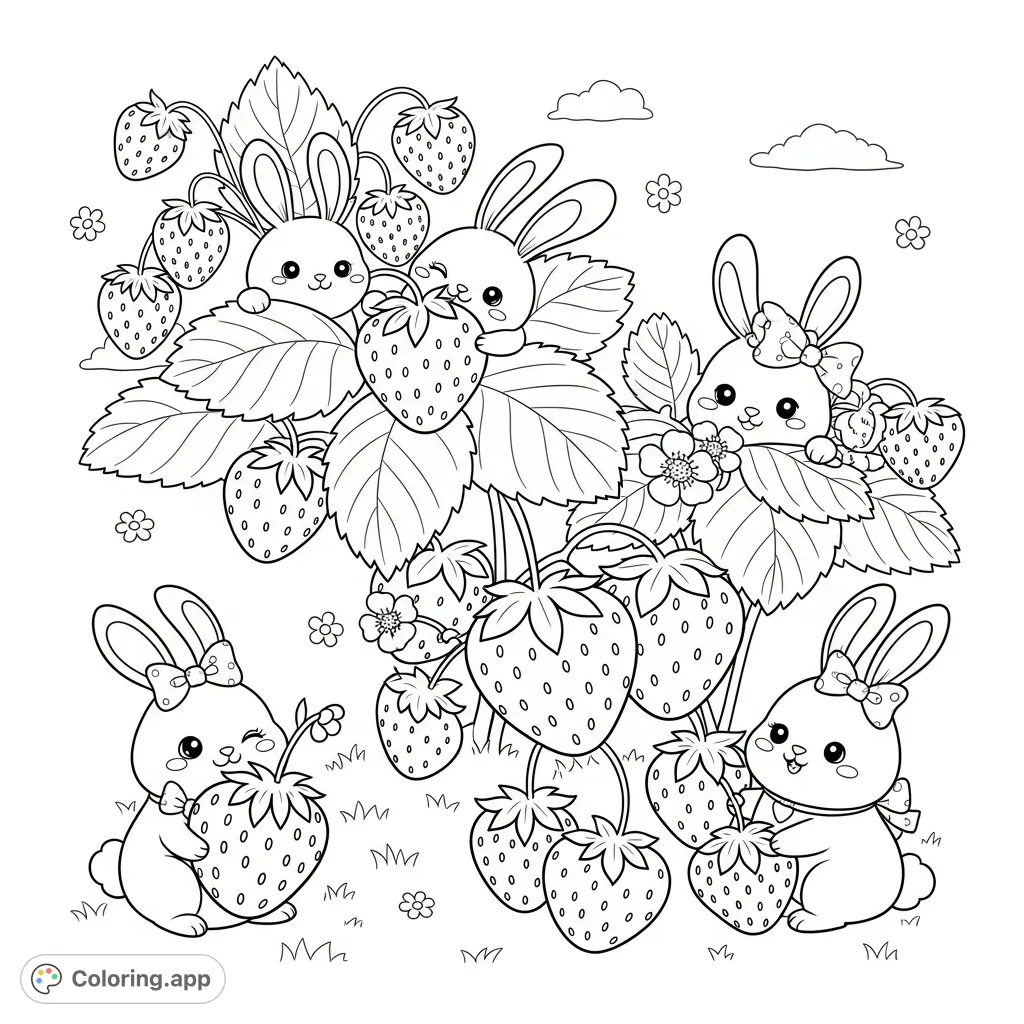 Adorable kawaii bunnies playfully interact with luscious strawberries in a charming, sweet scene. Perfect for delightful coloring, relaxation, and creative expression.