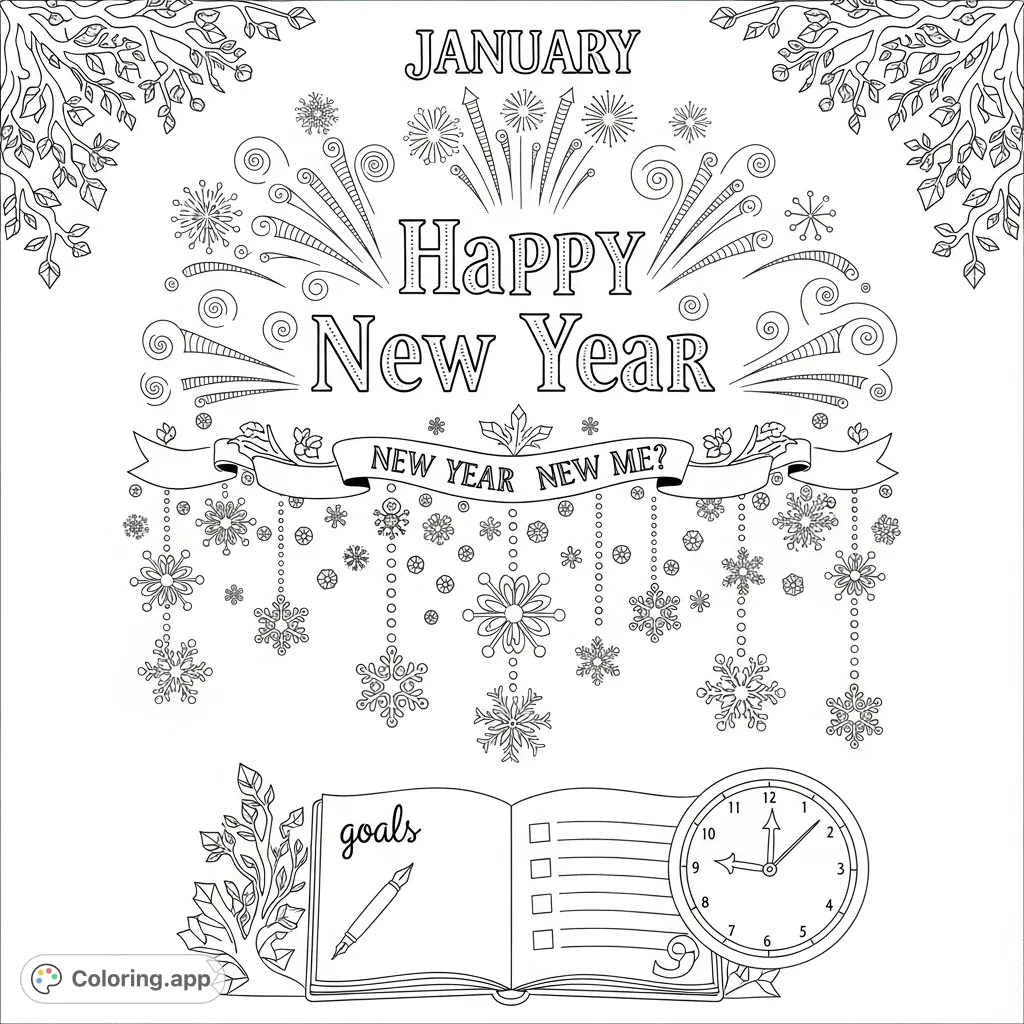 Celebrate January's start with an intricate New Year's page featuring 'Happy New Year,' fireworks, snowflakes, and goal-setting motifs. A perfect free printable coloring page.