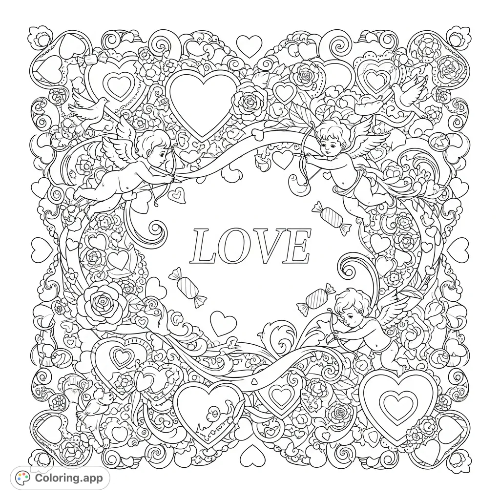 An intricate February-themed coloring page, perfect for Valentine's Day, filled with intertwined hearts, delicate florals, playful cherubs, and elegant scrollwork. A romantic challenge for all.