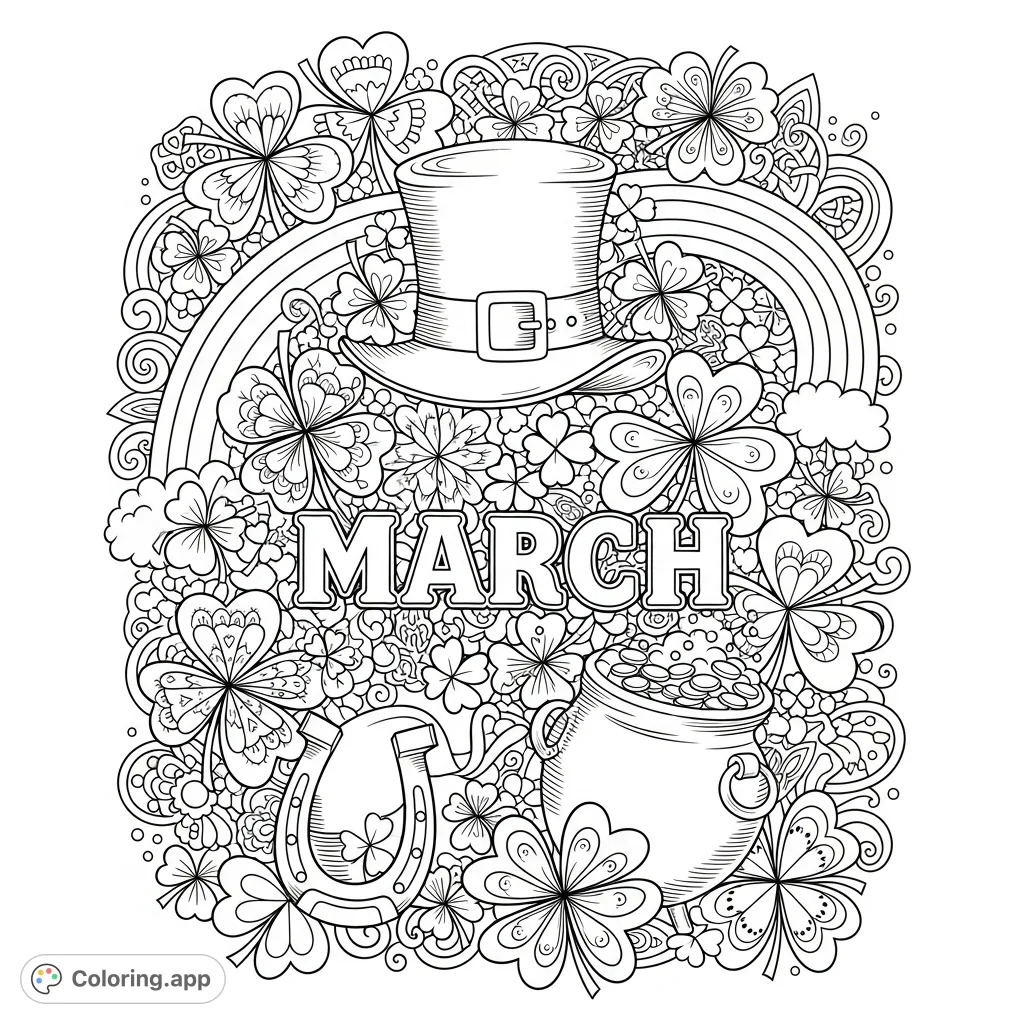 Celebrate March with an intricate St. Patrick's Day coloring page featuring shamrocks, luck symbols, and detailed patterns. Perfect for festive coloring.
