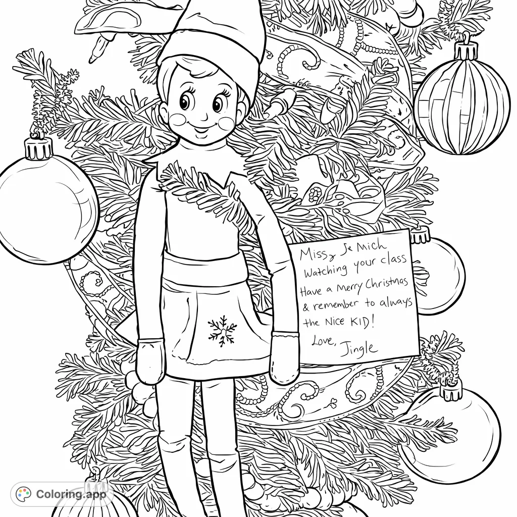 Discover a charming elf doll nestled within a beautifully adorned evergreen tree, surrounded by ornaments and a special message. A delightful holiday scene.