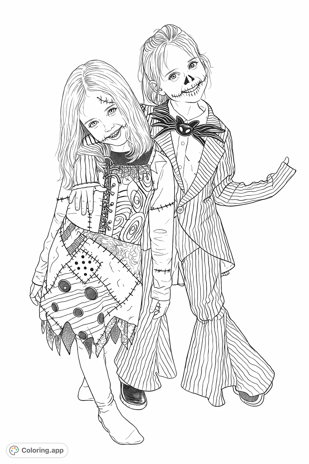 Two friends in detailed Halloween costumes, featuring patchwork and pinstripe patterns, ready for imaginative coloring fun. Perfect for fans of animated spooky tales.