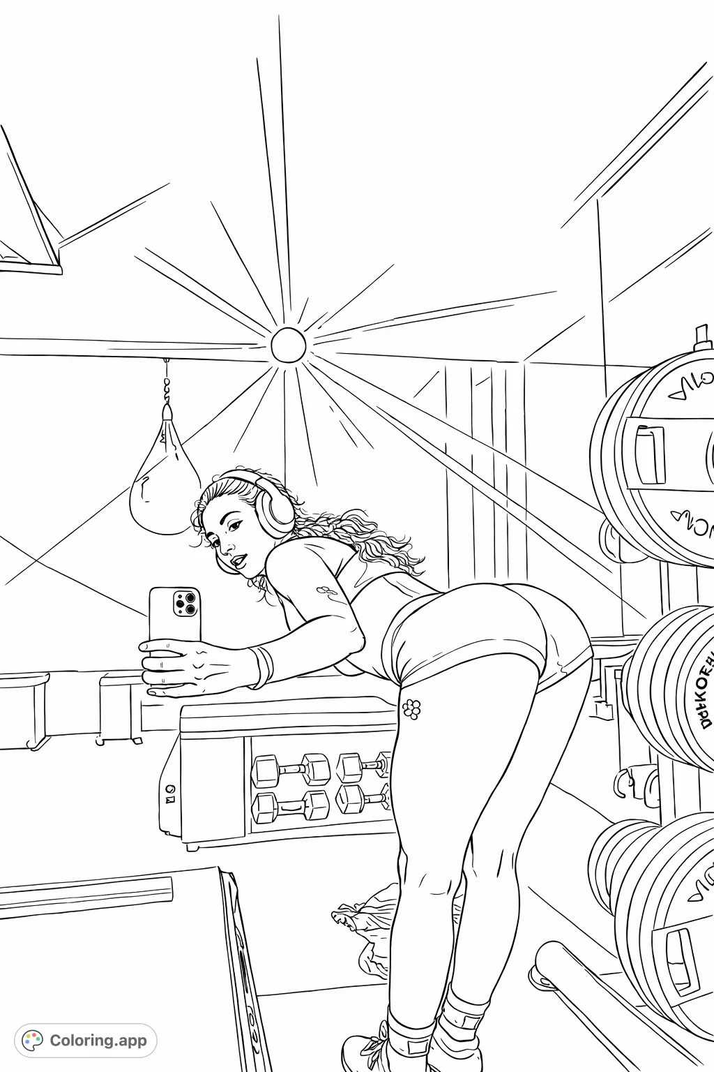 Capture a workout moment with this gym selfie coloring page. Features a figure in athletic wear posing in a modern fitness environment with weights and bright lights.