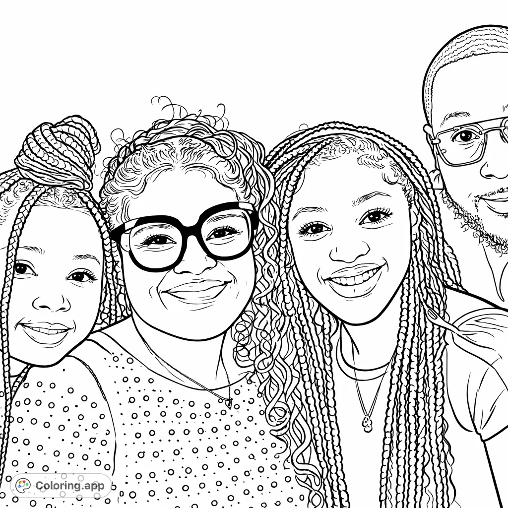 A heartwarming family portrait coloring page featuring four smiling individuals, two adults and two children, with intricate details like patterned braids and embellished attire.