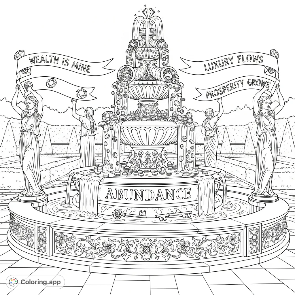 A magnificent, multi-tiered fountain carved with "ABUNDANCE" overflows with coins and gems. Sculpted figures display prosperity banners in a serene garden.