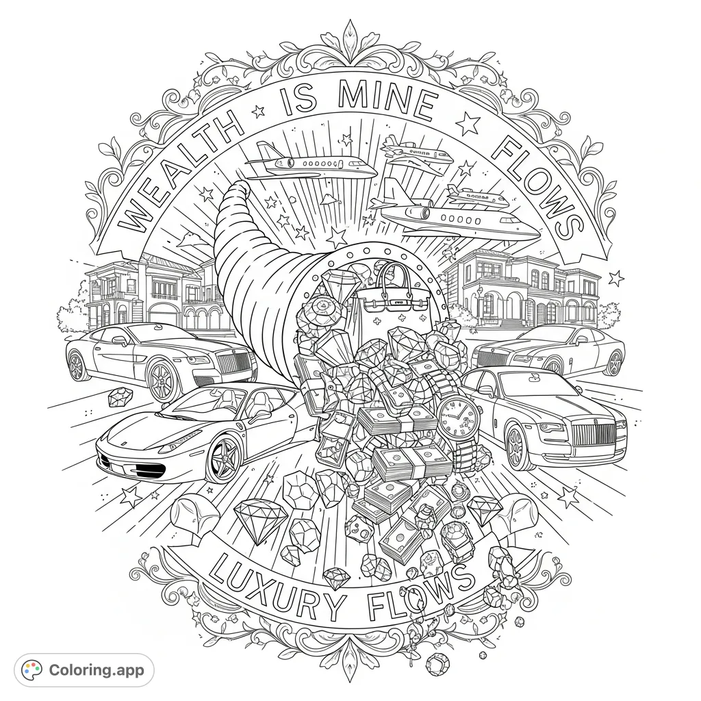 Discover a stylized cornucopia overflowing with luxury, featuring Hermes Birkins, Rolex watches, Ferraris, and jets, framed by elegant floral motifs.