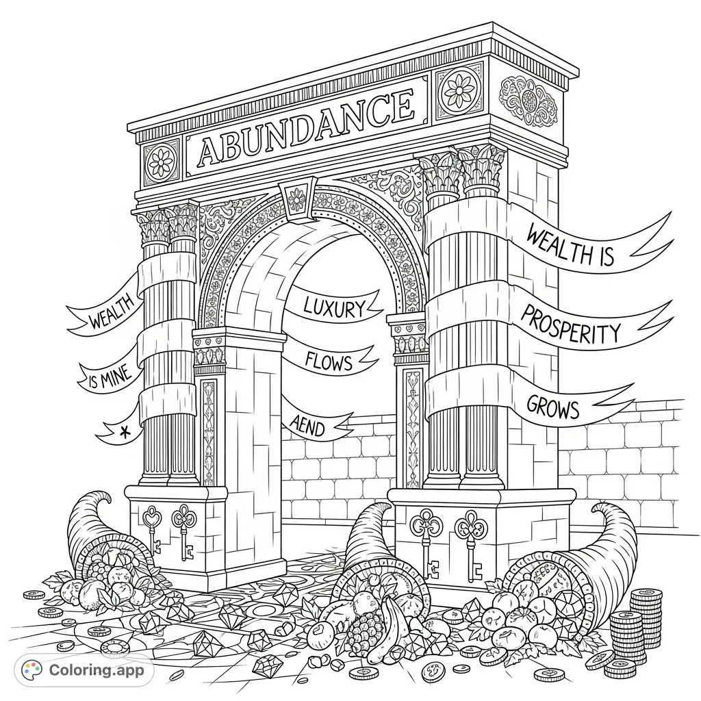 Discover a grand archway adorned with "ABUNDANCE," intricate patterns, overflowing cornucopias, and inspiring affirmations. A detailed prosperity coloring page.
