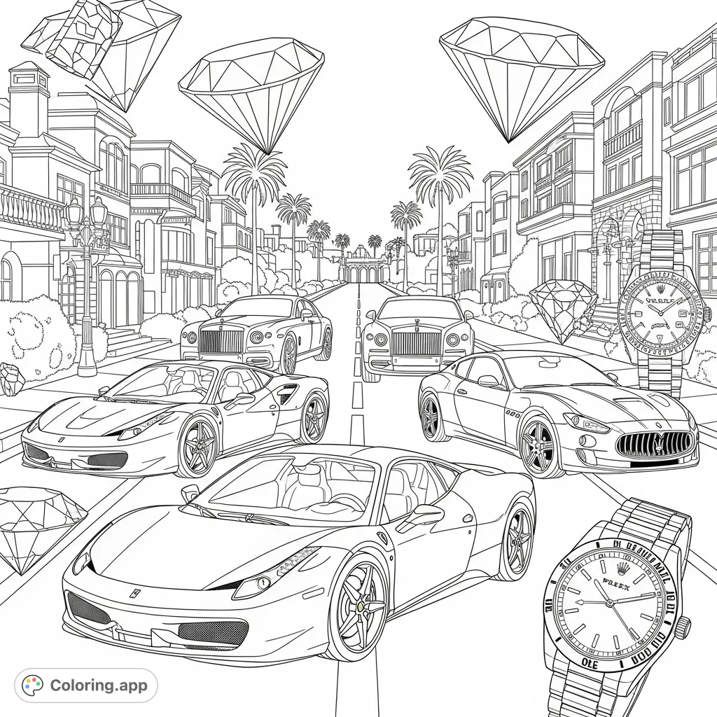 Experience luxury with this Beverly Hills coloring page featuring Ferrari, Rolls Royce, Bentley, Maserati, diamonds, and Rolex watches. A free printable for adults seeking abundance.