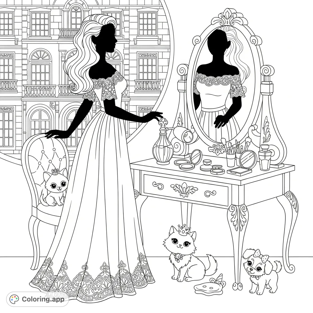 A gorgeous woman gets ready for an elegant evening, putting on a beautiful, intricately patterned gown, surrounded by makeup and a flowing hairstyle.