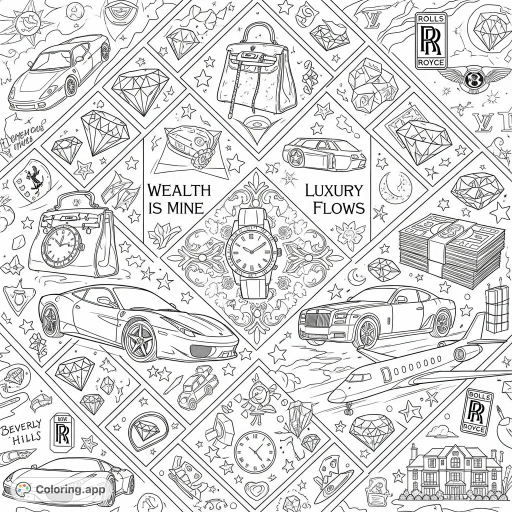 Experience the allure of a luxury wealth coloring page. This intricate design features geometric compartments filled with gems, designer bags, watches, cars, and private jets, accented by empowering affirmations.