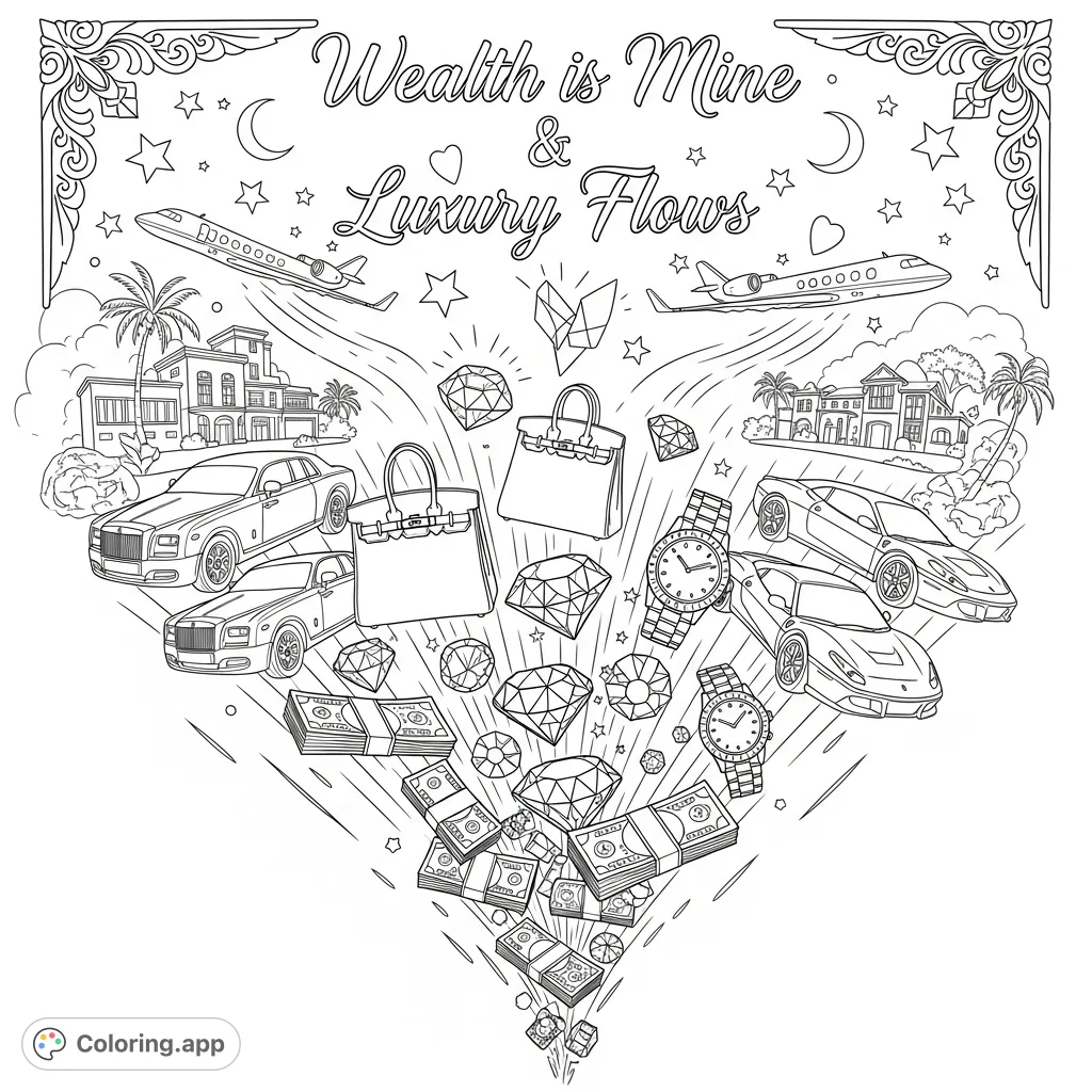 Experience a dynamic flow of luxury. Faceted gems, designer bags, and premium watches cascade alongside affirmations of wealth, framed by sleek cars and soaring jets.