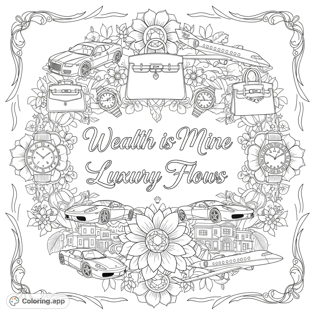 An elegant coloring page featuring affirmations 'Wealth is Mine' and 'Luxury Flows' amidst intricate floral patterns interwoven with luxury items like gems, bags, watches, cars, and jets.