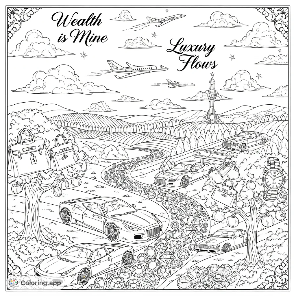 Explore a lavish landscape where luxury cars, private jets, and rivers of gems converge. Trees bear Hermes Birkins and Rolex watches, framed by elegant script.