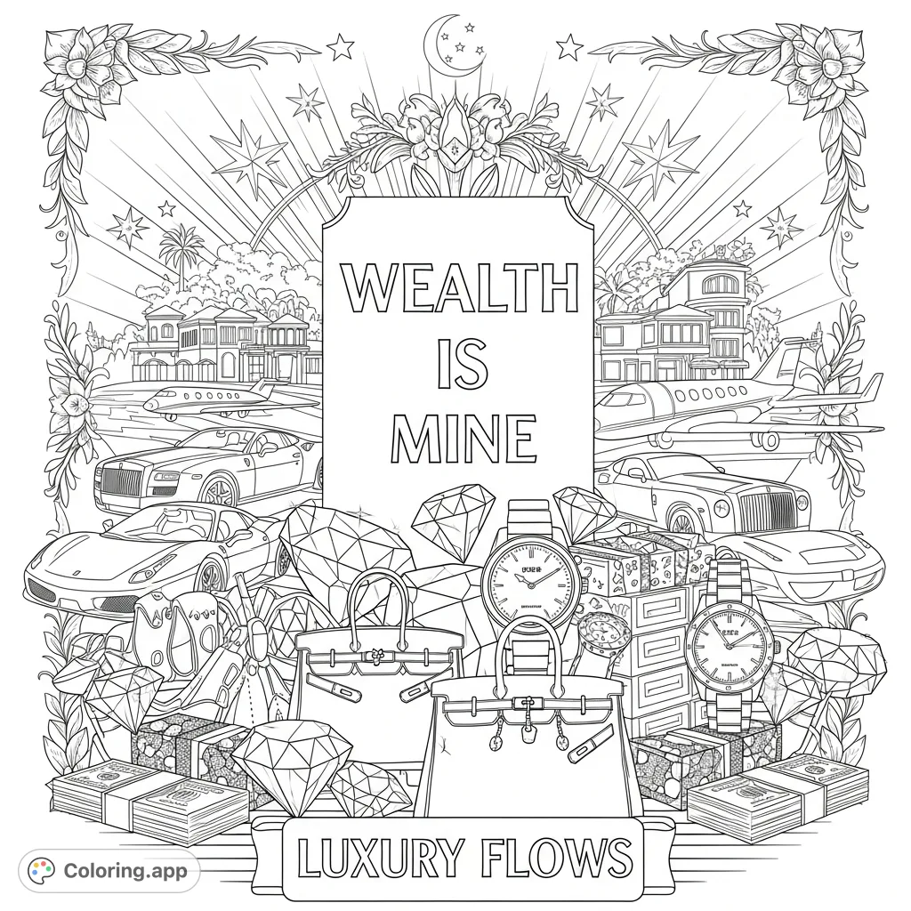 A lavish coloring page featuring "Wealth is Mine" and "Luxury Flows" inscriptions, surrounded by gems, designer bags, luxury watches, and premium vehicles.