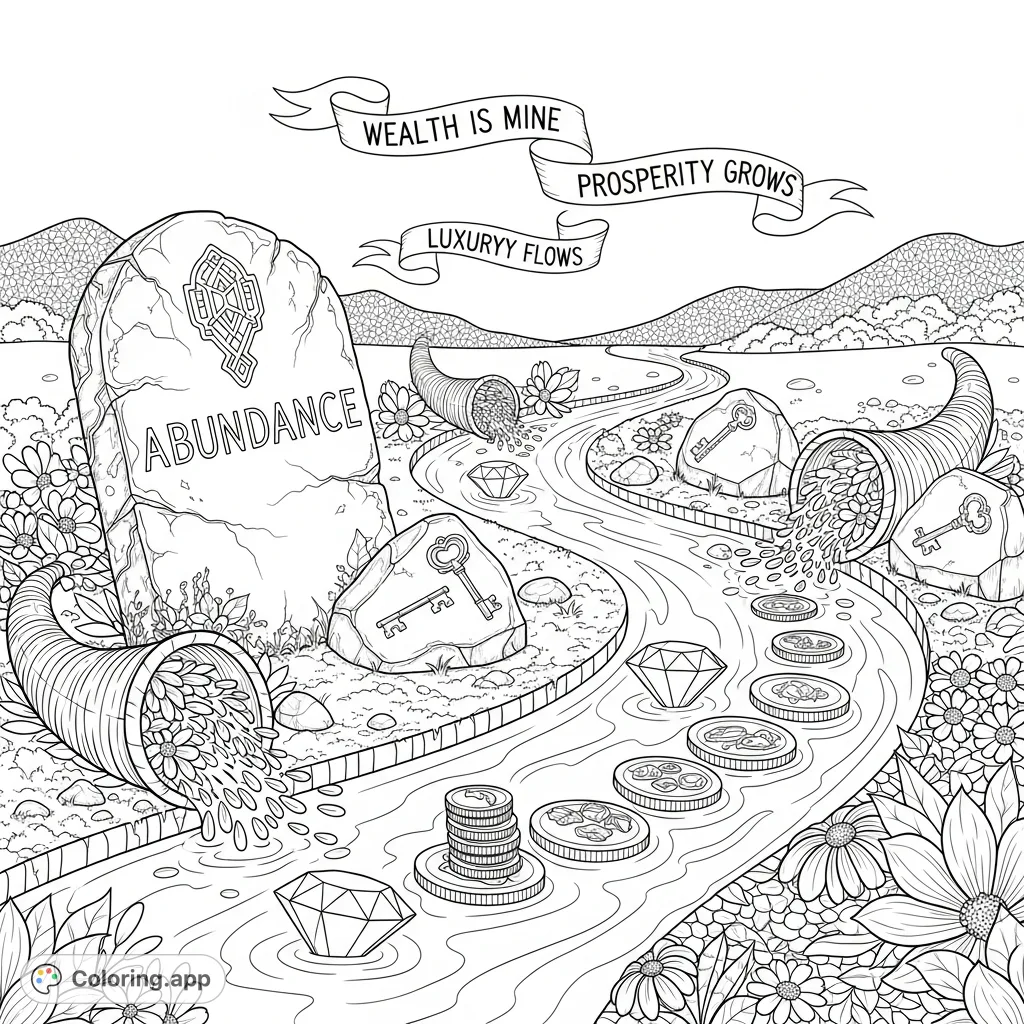 Explore an ornate river of prosperity flowing through a lavish landscape, adorned with gems, coins, and powerful affirmations. A detailed abundance coloring page.