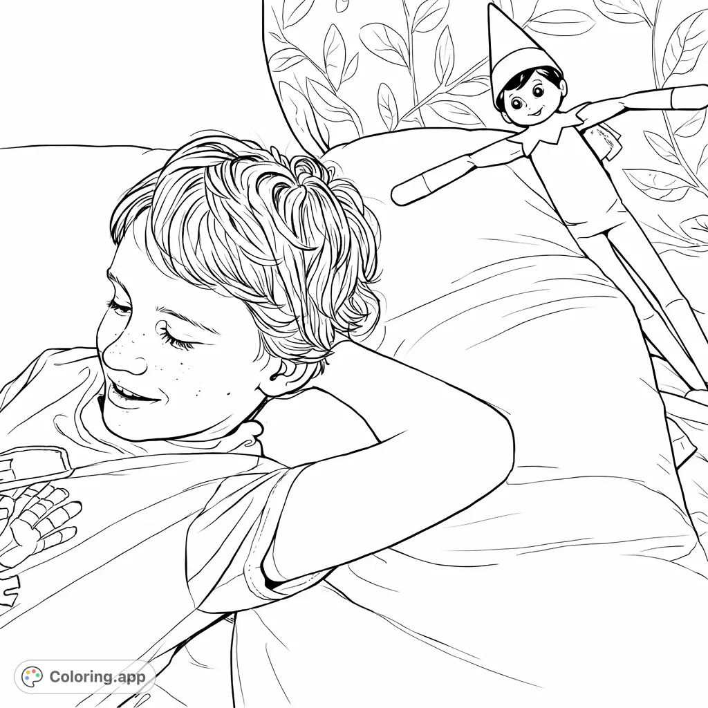 Capture a heartwarming scene of a child resting next to their festive Elf doll. This fun coloring page is perfect for holiday joy and creative expression.
