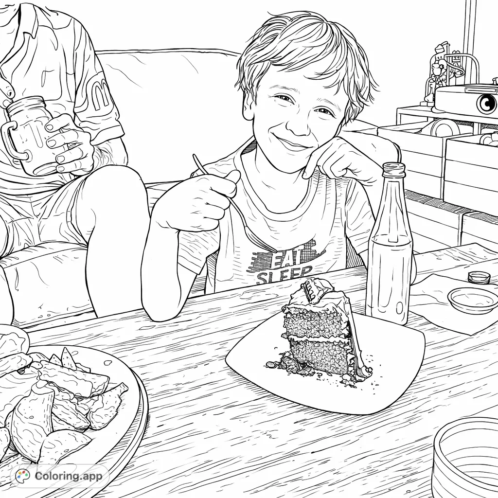 Capture a delightful mealtime scene with a smiling child, cake, and potato wedges, offering a fun and engaging coloring experience for all.