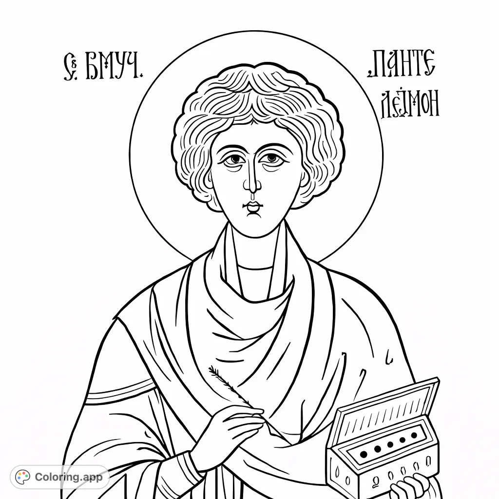 Color a serene portrait of a youthful figure from an ancient icon, holding a stylus and a box, surrounded by sacred text. An intricate religious icon coloring page.