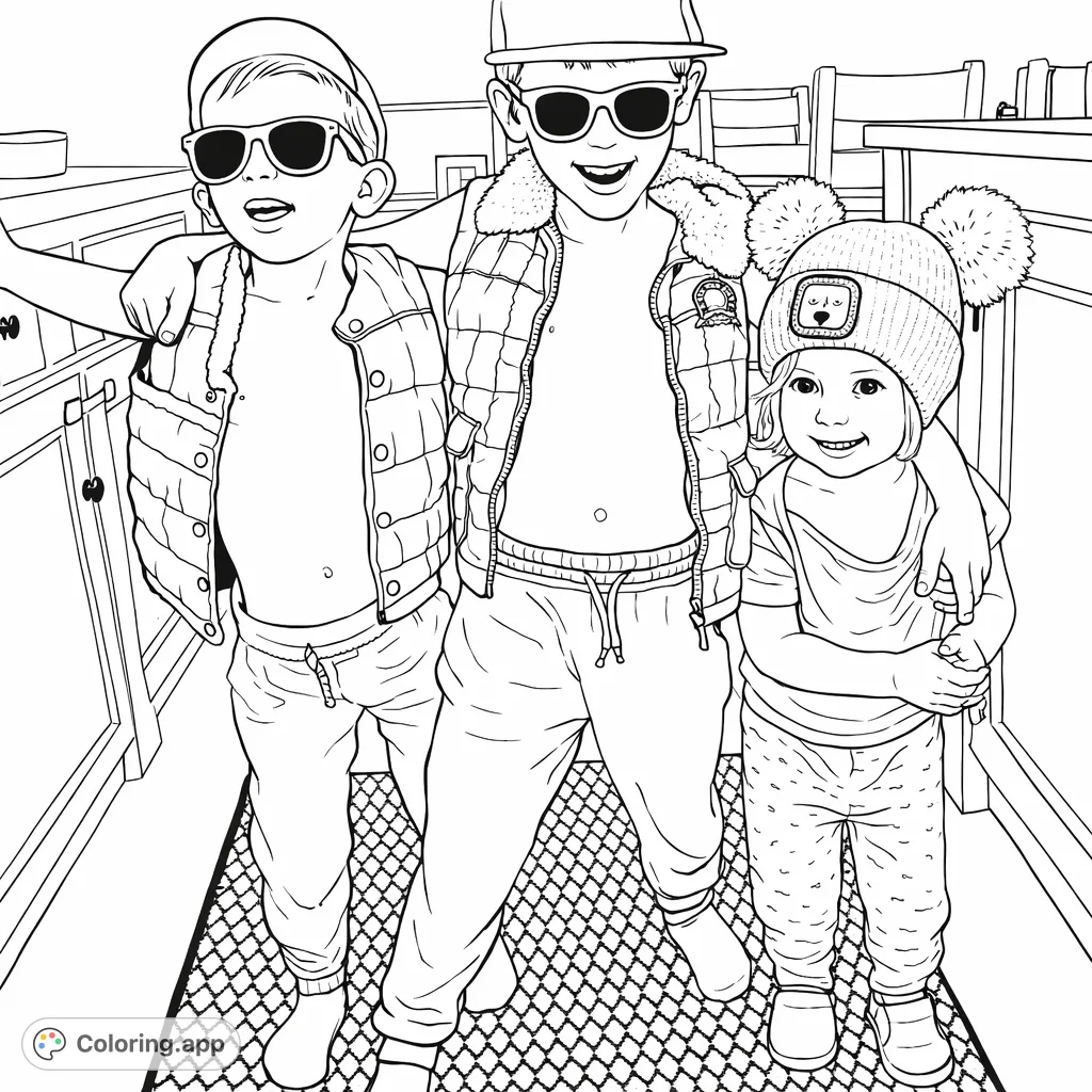 A fun coloring page featuring three children in quirky hats, sunglasses, and playful outfits, ready for creative expression.