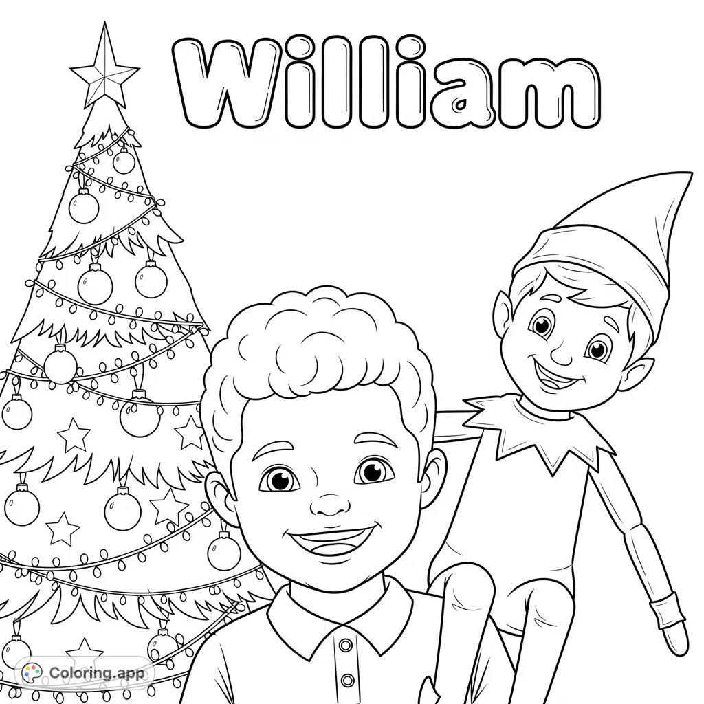 A delightful Christmas coloring page featuring William with a smiling Elf on the Shelf on his shoulder, backed by a festive tree. Perfect for holiday cheer!