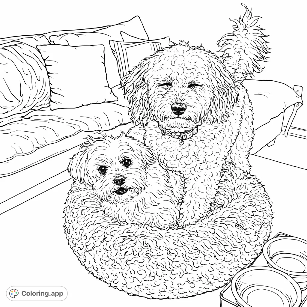 Two adorable dogs, one larger and curly, one smaller and fluffy, share a cozy pet bed on a table. A charming scene for animal lovers.
