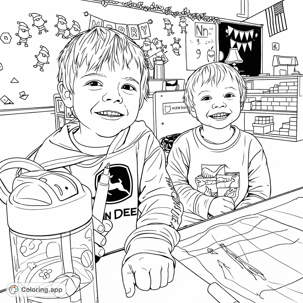 Capture the joy of childhood with two smiling boys at a classroom table, complete with fun decorations and creative elements to color.