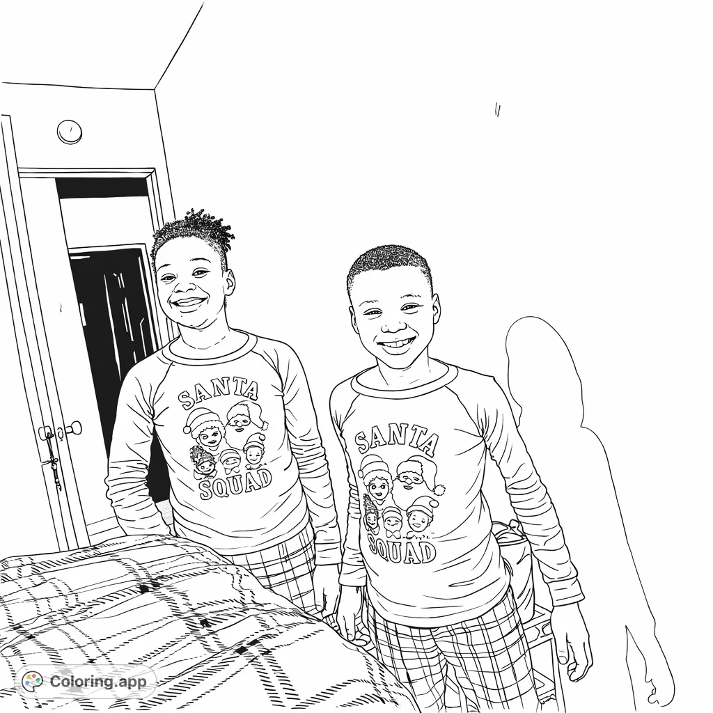 A heartwarming Santa Squad coloring page featuring two smiling children in festive pajamas. Perfect for holiday cheer and creative expression.