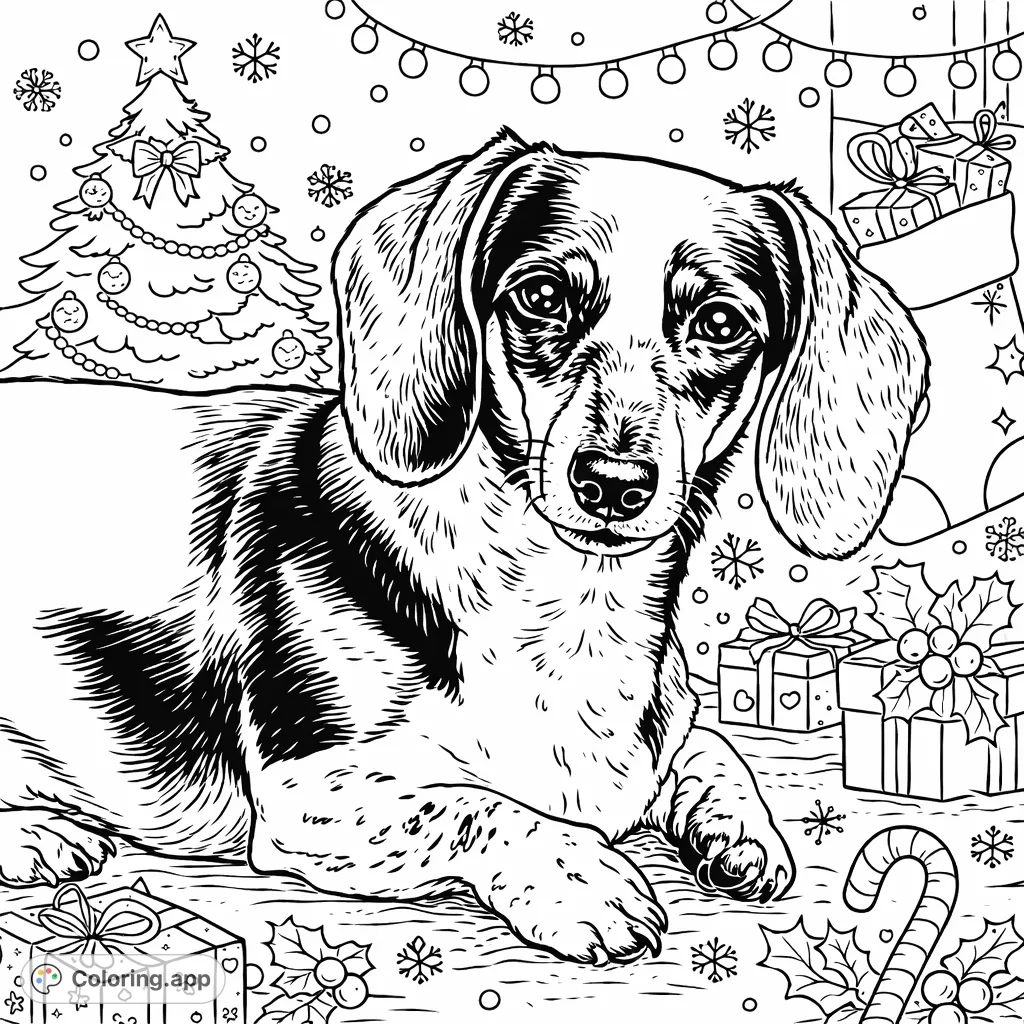 Discover this charming Dachshund puppy coloring page, perfect for all ages. Features an adorable dog resting on grass with a detailed Christmas pattern background.