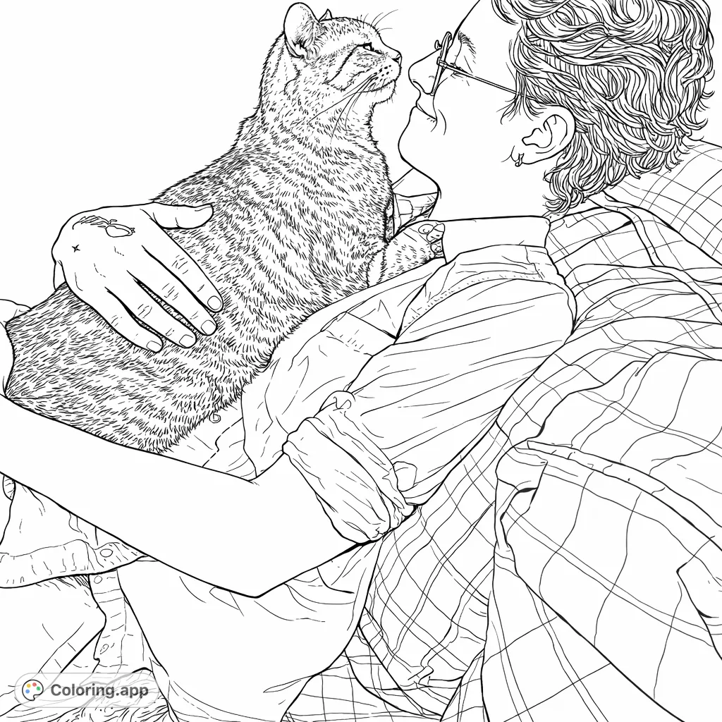 Enjoy coloring this heartwarming scene of a person and their beloved feline companion sharing a tender moment. Perfect for cat lovers to relax and get creative.