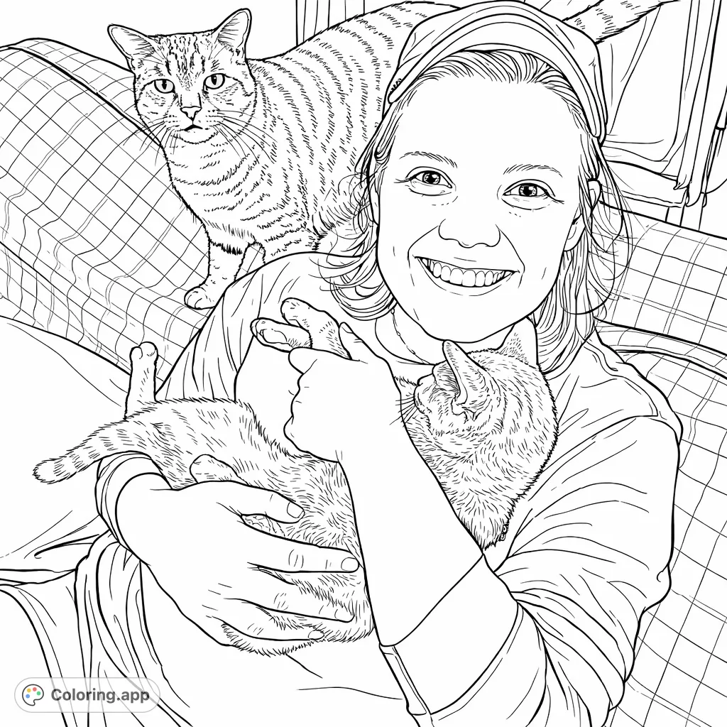 A heartwarming scene of a smiling person embracing a small cat, with another striped cat observing from behind. A cozy moment with beloved feline friends.