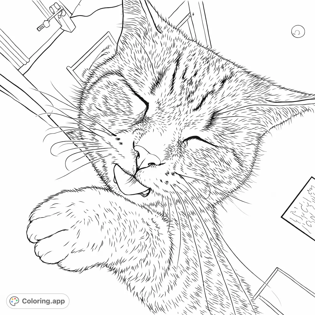 Capture a serene cat grooming its paw with closed eyes and extended tongue. This close-up view invites detailed coloring of fur and whiskers for a peaceful art experience.