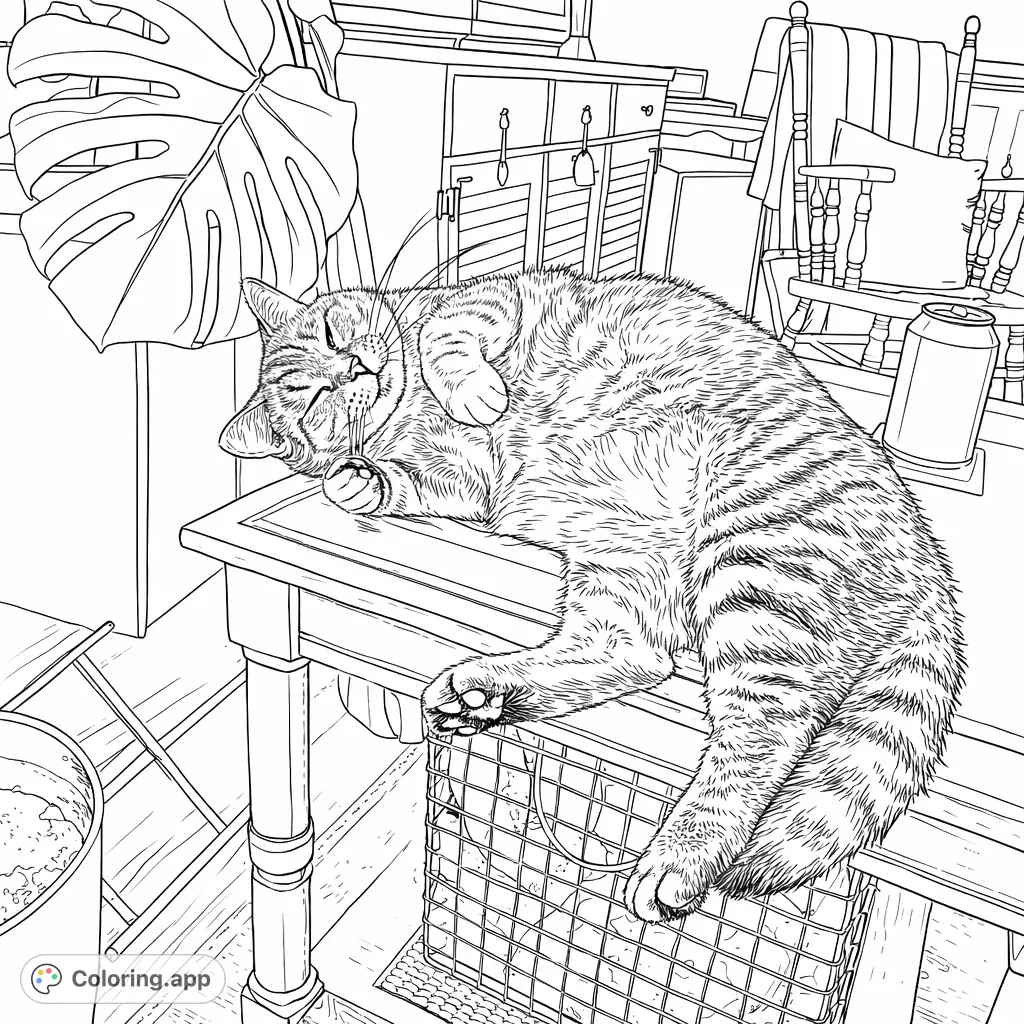 A peaceful tabby cat stretches out on a table, surrounded by cozy home elements. Relax and color this charming feline friend and its inviting environment.