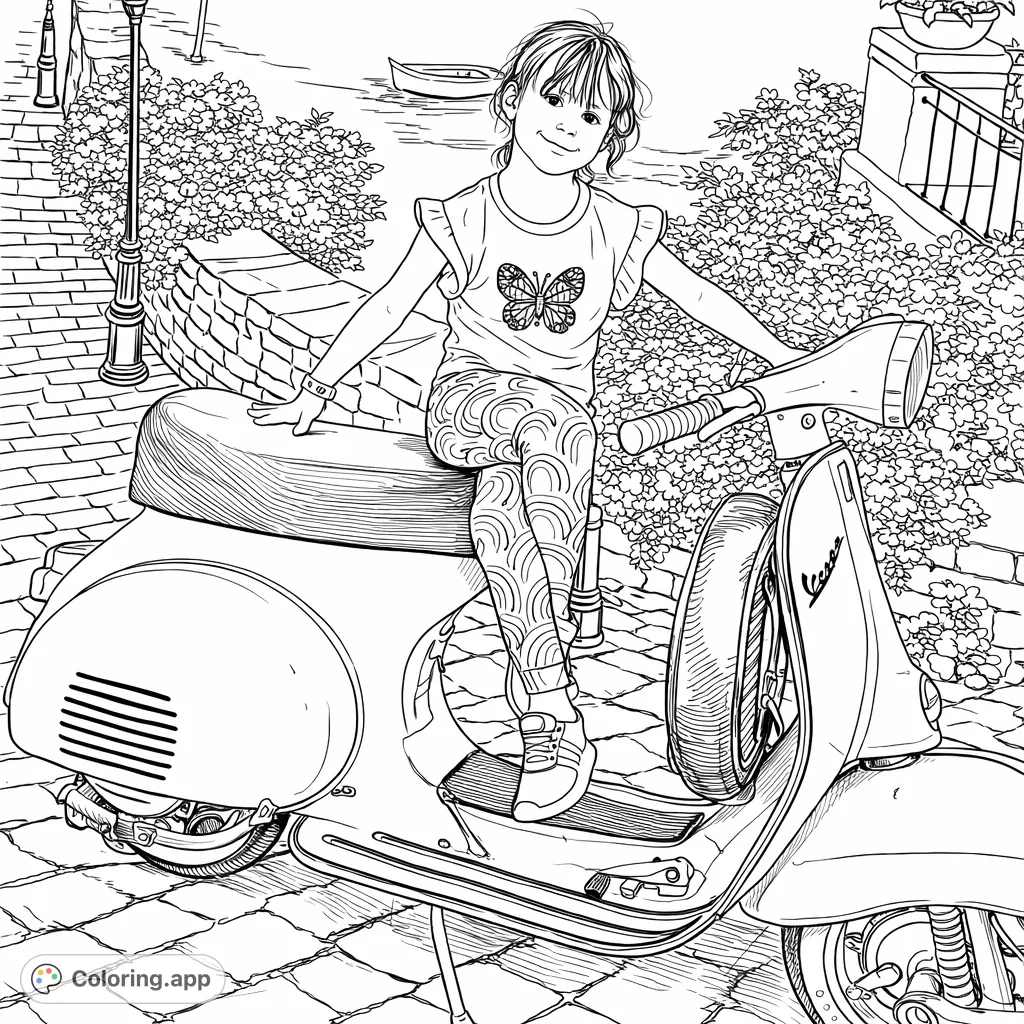 A charming coloring page featuring a young girl confidently seated on a vintage scooter, set against a beautifully detailed scenic backdrop with flora and water.