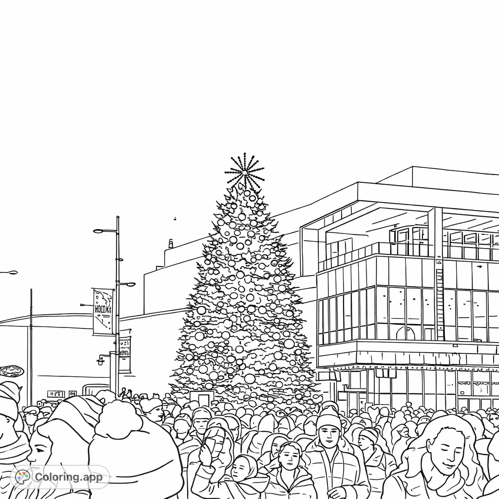 Experience the festive joy of a grand holiday tree adorned with intricate decorations, surrounded by a bustling crowd and urban architecture. A perfect winter scene!